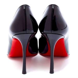 Christian Louboutin Black Patent Leather Peep Toe Red Heel Pump Heels.
